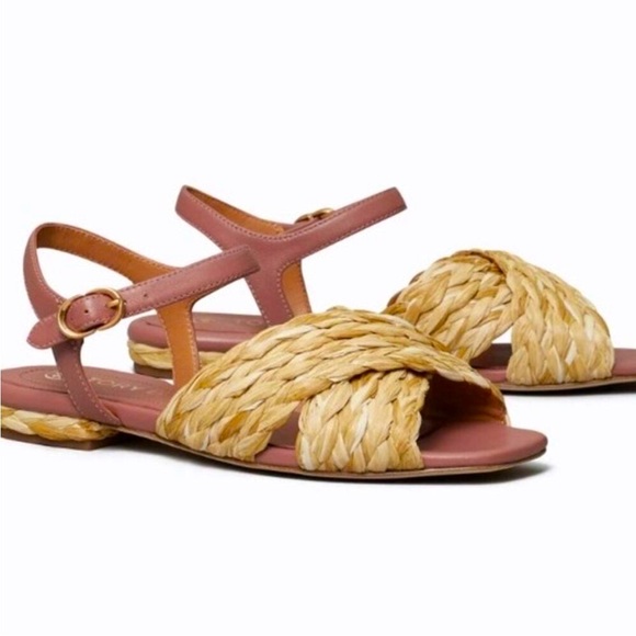 NEW Tory Burch Kira Quilted Raffia Ankle Strap Flat Sandal Size 8.5 - Picture 1 of 3